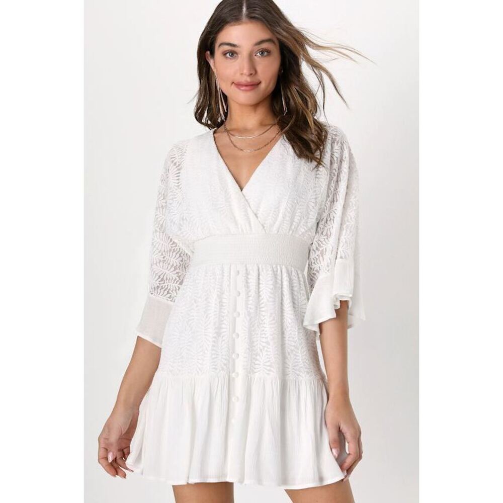 NWT Lulus Loving Darling White Embroidered Smocked Mini Skater Dress - Size S